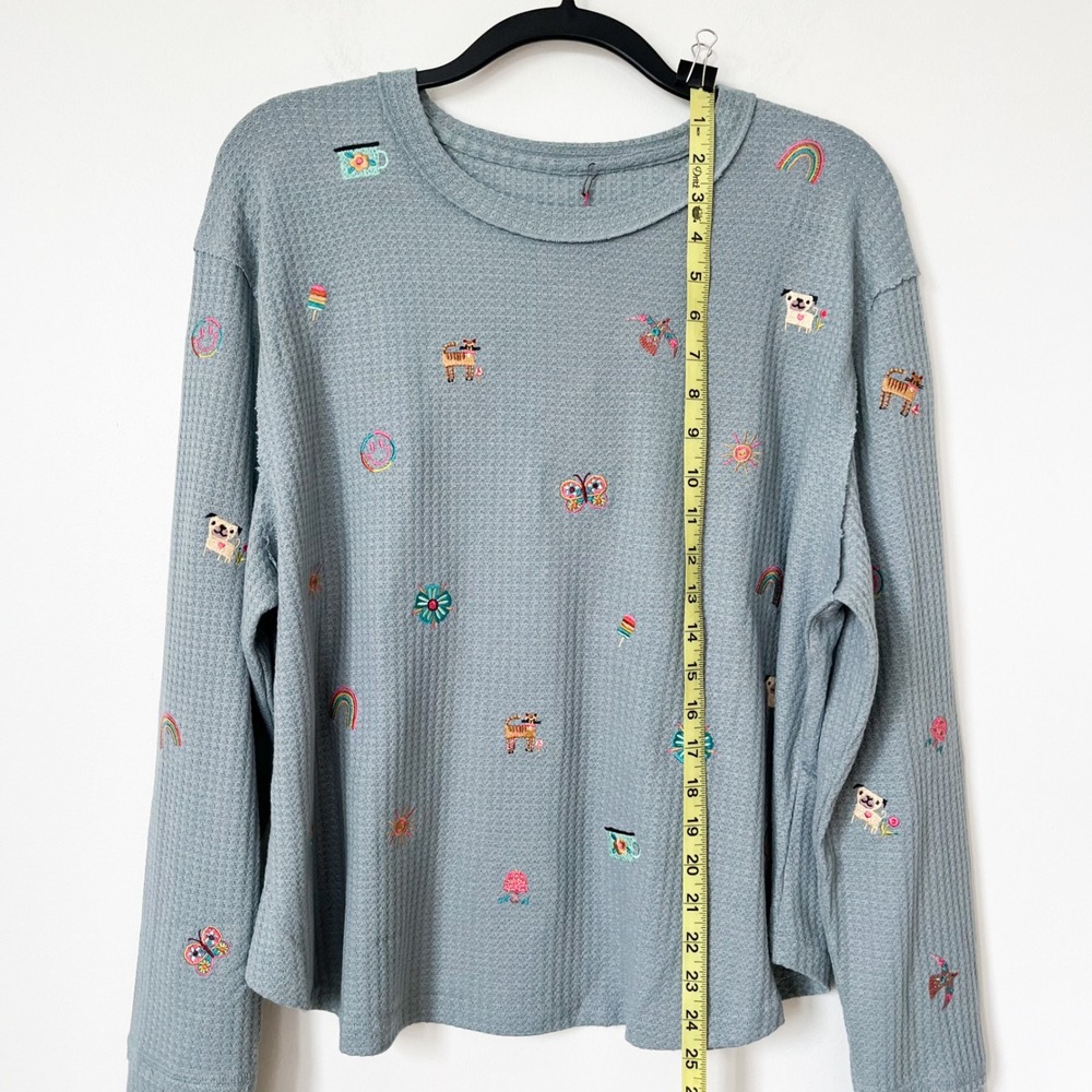 NEW Natural Life Parker Embroidered Thermal Tee Fave Things Womens XL Blue - Picture 6 of 11